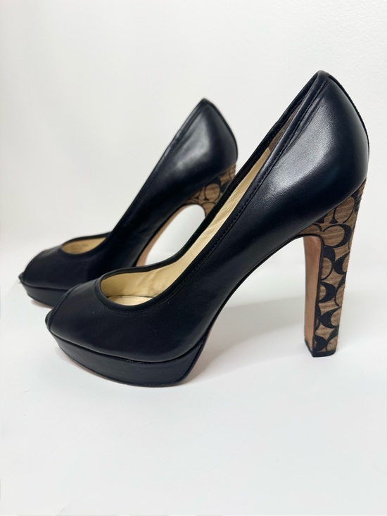 Coach Shoes - Coach Black Leather Pumps with Signature Monogram Heel